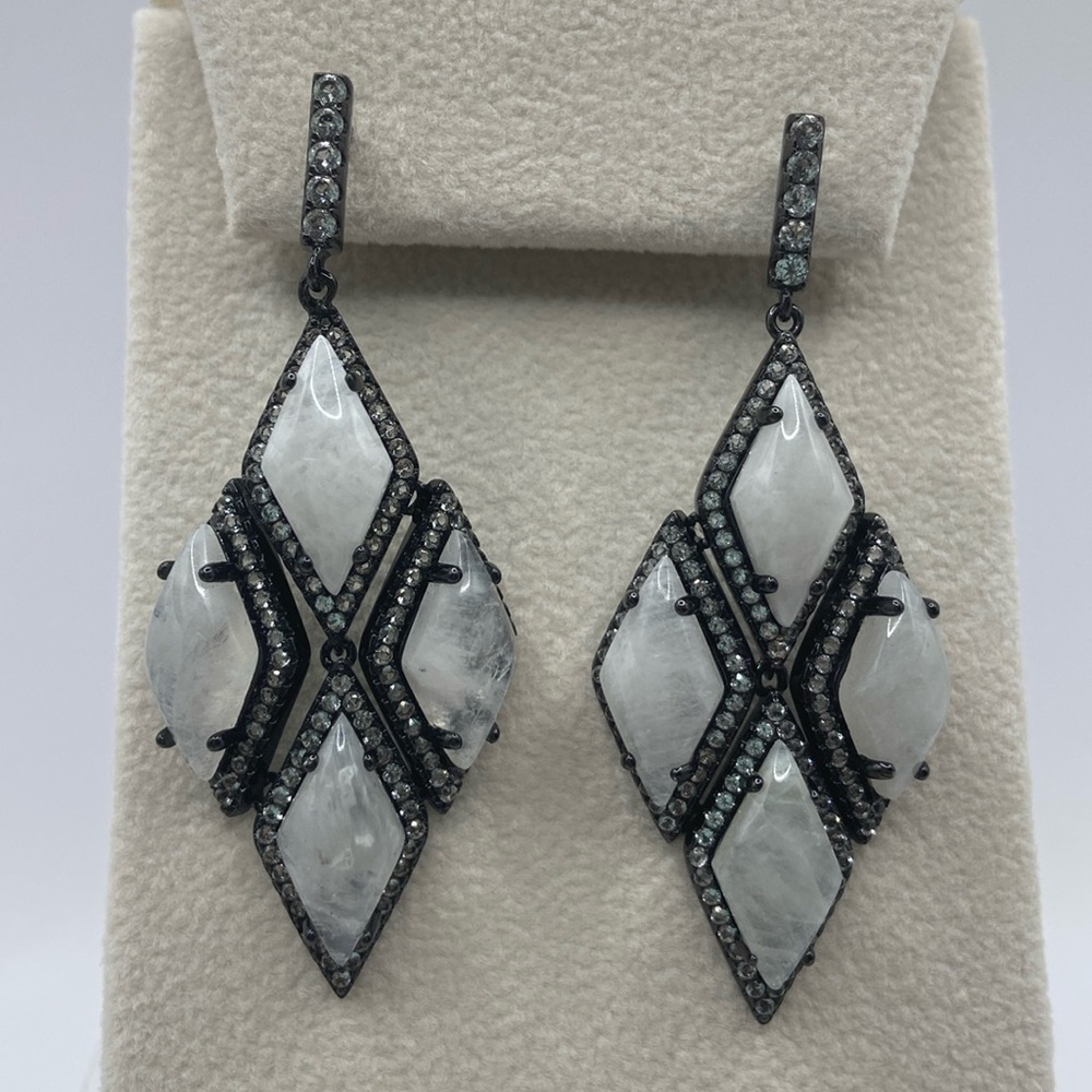 Sterling Silver Black Rhodium Moonstone White Topaz Dangle Earrings 3”L